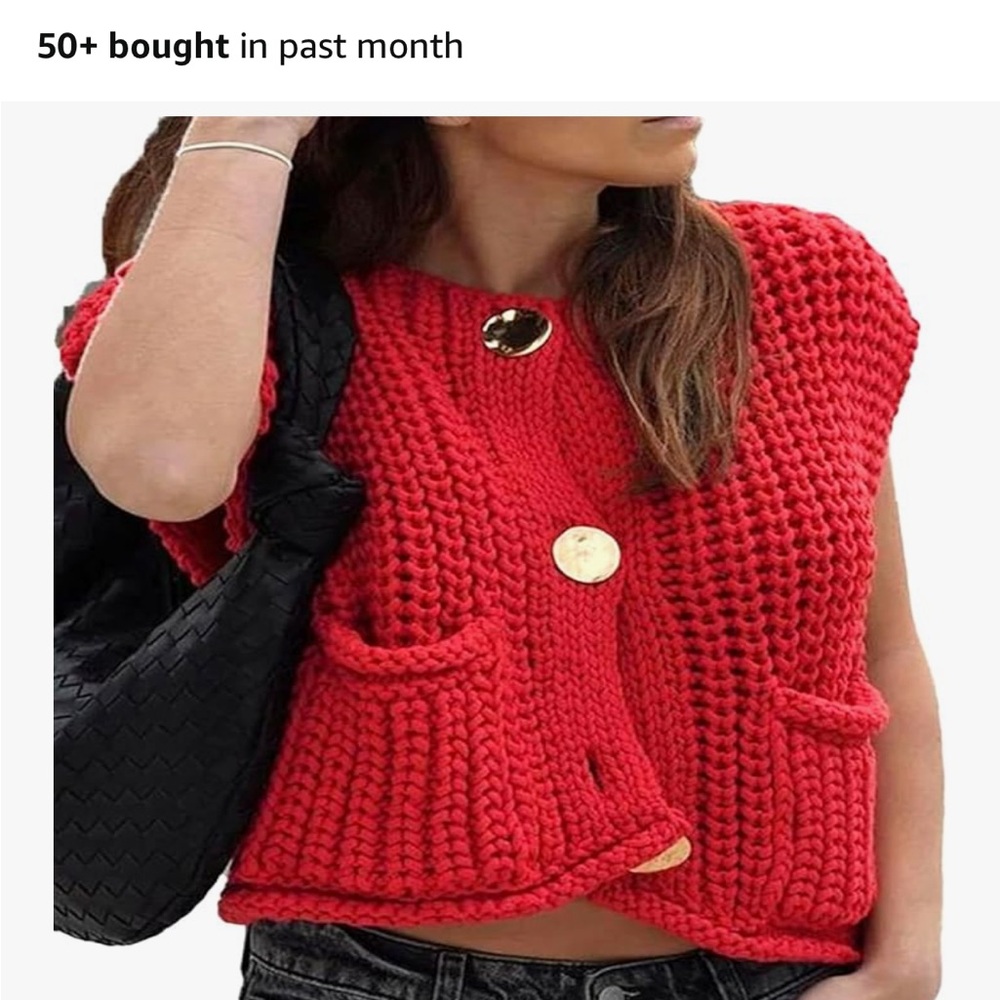 Chunky Red Knit Vest with Decorative Button